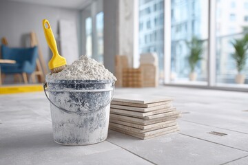 Essential materials: bucket of adhesive with brush and stacked floor tiles.