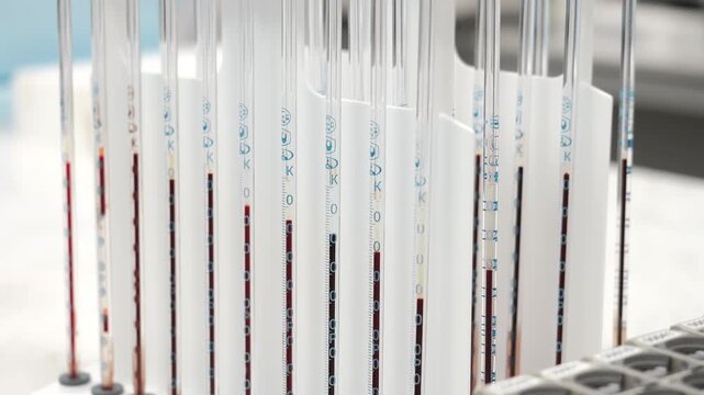 Close up of glass sedimentation tubes filled with blood samples in laboratory stand for erythrocyte sedimentation rate testing and clinical diagnostics in modern lab environment.