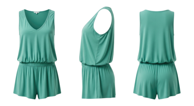 Teal romper front side and back views transparent background cutout png
