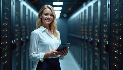 Blonde woman smiles, holds tablet in server room. Engineer. Working in big data center with server racks. Manages cloud computing infrastructure, smart tech specialist for modern information systems.