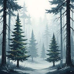 Obraz premium Enchanting winter forest scene with snow falling on evergreen trees and a winding path