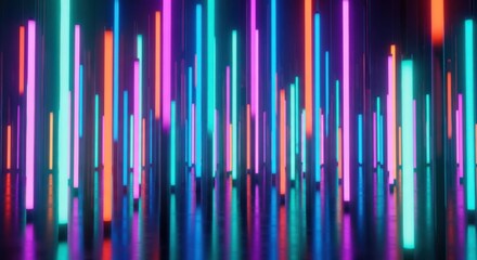 Fototapeta premium Vibrant vertical neon lights create a dazzling abstract background with colorful reflections