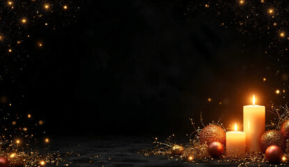 Luxury Black and Gold Christmas Banner with Candles and Sparkling Festive Lights