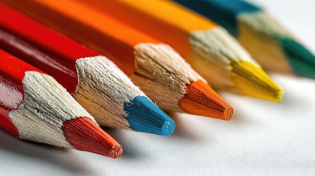 Close up of colorful pencils arranged in a diagonal row on white surface
