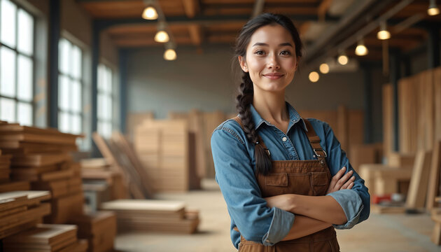 Confident woman stands in workshop. Carpenter engineer smiles in wood factory. Woman worker in overalls looks at camera in factory. Pro craftswoman with expertise poses proudly at wooden industry. - Powered by Adobe