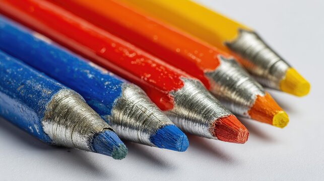 Close up of colorful pencils arranged on white surface for education