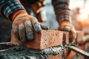 Detailed shot of a construction worker's gloved hands carefully laying a brick.