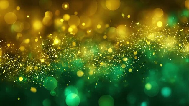 Abstract background featuring cascade of golden and emerald green particles and large shimmering bokeh circles