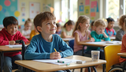 Children sit at desks in classroom. Boy in blue shirt holds pencil, uses assistive technology. Kids of different ethnicities learn together. Inclusive education environment with diverse students.