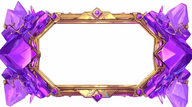 Ornate golden and purple geometric frame with crystal details on white background