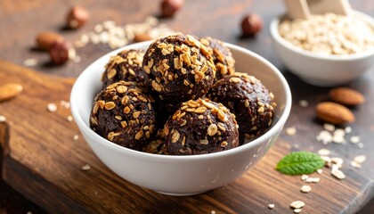 Round chocolate energy bites coated with seeds and nuts, served in a white bowl and surrounded by assorted nuts and green leaves on a dark surface.