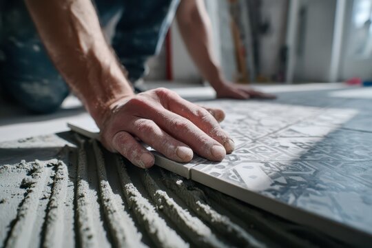 Worker's hands carefully installing patterned floor tile on adhesive.