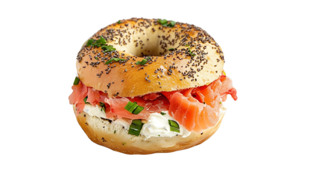 Smoked salmon lox and cream cheese everything bagel isolated on gray background