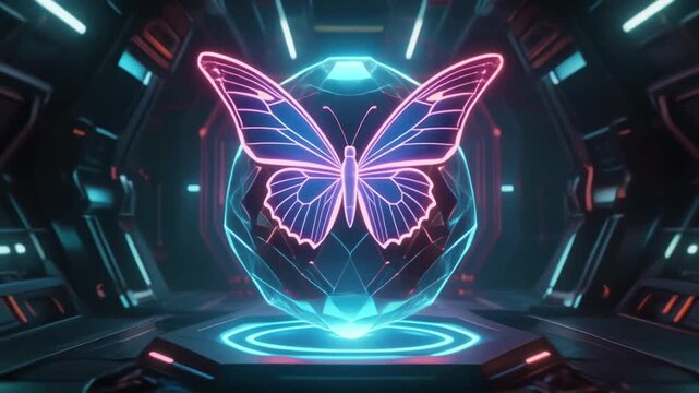 Futuristic neon butterfly glowing on abstract crystal platform in sci fi tunnel with blue  - Powered by Adobe