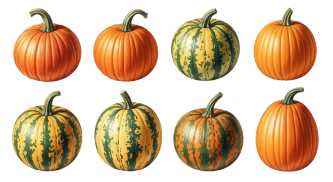 Collection of pumpkins transparent background cutout png