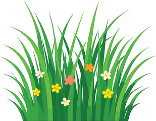 Cartoon grass with flowers, colorful nature scene, green blades, pink yellow white blooms, vector illustration, spring garden design, kids theme