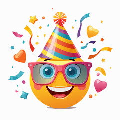 Festive emoji celebration with vibrant party hat confetti and cool glasses for birthday fun