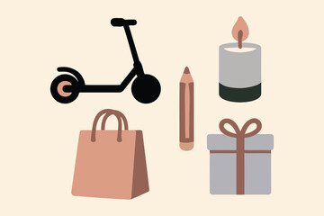 A collection of everyday objects including a black kick scooter a brown marker pen a pink shopping bag a gray gift box and a lit candle all isolated on a light beige background