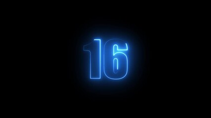 Abstract glowing neon text 15 number countdown icon. Glowing sign on black background Neon number 15 with alpha channel, simple blue neon color. Seamless loop style animation