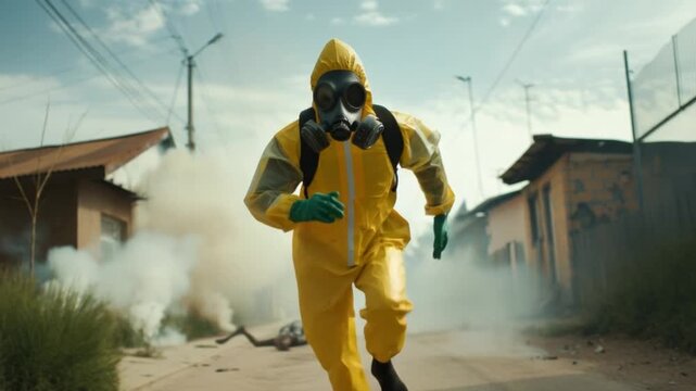Hazardous Environment Run: A lone figure, clad in a protective suit and gas mask, sprints through a cloud of smoke, emphasizing the urgent need for safety and protection.