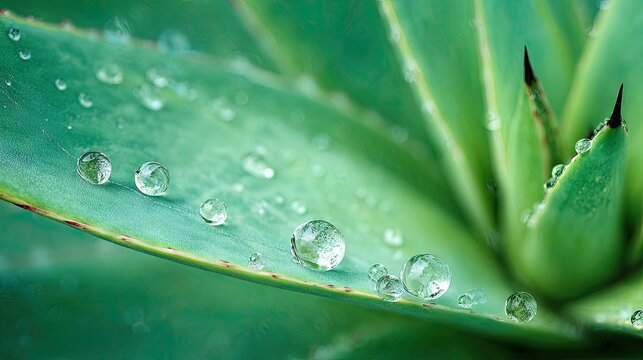 Close up of vibrant green agave plant with water droplets nature detail