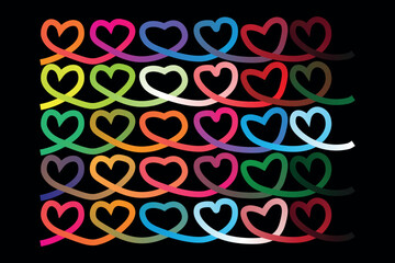 Vector illustration of colorful hearts connected in rows on a black background create a pattern