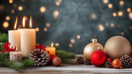 christmas candles burning with festive ornaments close up warm cozy holiday light background perfect for celebration winter mood or greeting video - Powered by Adobe