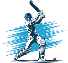 Cricket player hitting shot, sports action, dynamic pose, protective gear, red ball, blue background, vector illustration, athletic concept, game moment