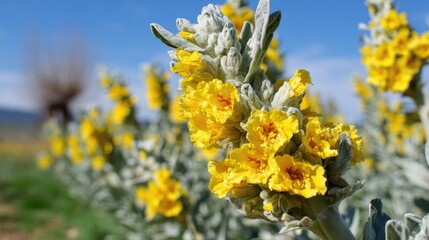 Fototapeta premium Close up of vibrant yellow flowers with gray foliage against a blue sky
