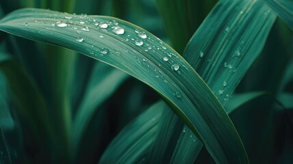 Close up of water droplets on vibrant green leaves in natural light