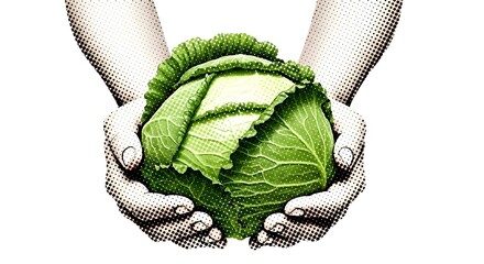 Hands gently holding a fresh green cabbage