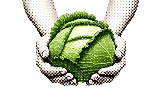 Hands gently holding a fresh green cabbage
