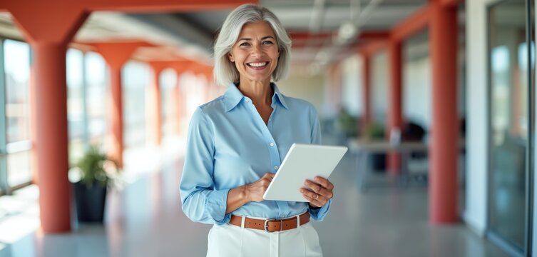 Mature business woman with grey hair smiles, holds tech tablet in modern office. Pro lady stands in office corridor. Happy female manager at work, confident leader. Successful senior employee using - Powered by Adobe