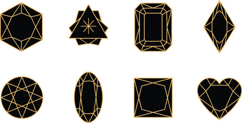 Geometric gemstone icons, gold outline on black, faceted shapes, vector illustration, jewelry design elements, abstract cuts, decorative symbol set