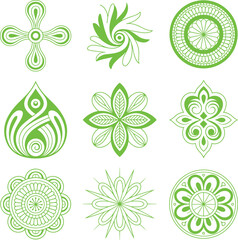 Green mandala motif set, symmetrical decorative patterns, radial floral and geometric designs, vector illustration, cultural ornament grid, artistic embellishment