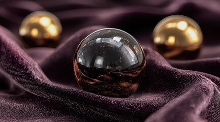 Fototapeta premium Shiny, black and gold ball sits on a purple cloth, creating a striking contrast between the two colors