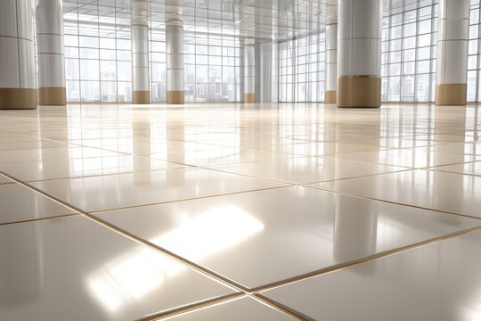 Modern, bright, empty hall with glossy tiled floor, pillars, and city view.