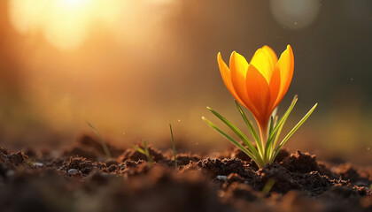 Close up photo shows an orange crocus flower blooming. The spring flower grows from dark soil. Soft sunlight falls on the blossom during the sunrise or sunset.