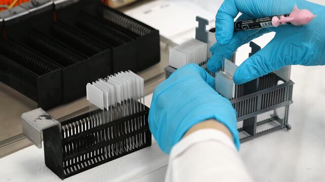 Close up of lab technician hands in gloves placing glass microscope slides into rack for sample preparation and staining process in modern medical laboratory environment.