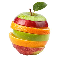 Stacked Fruit Slices Forming an Apple Shape with Red, Green, and Orange Layers, Isolated on White Background