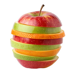 Stacked Fruit Slices Forming an Apple Shape with Red, Green, and Orange Layers, Isolated on White Background