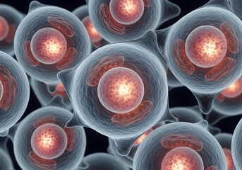 Closeup of human cells with nucleus, mitochondria and other organelles, representing cellular biology and research