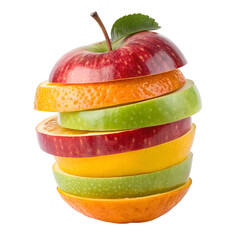 Stacked Fruit Slices Forming an Apple Shape with Red, Green, and Orange Layers, Isolated on White Background