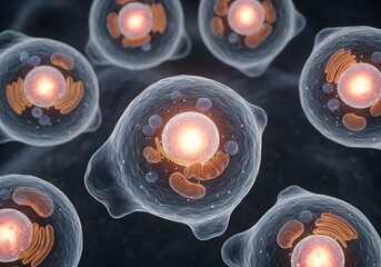 Detailed 3d rendering of human cells with nucleus, mitochondria, and other organelles, representing cellular biology