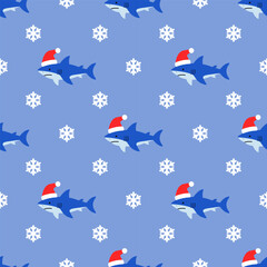 Marine Сhristmas seamless pattern with sharks, Santa claus hats and snowflakes. Design for textile and fabric, home decor elements, wrapping paper. Vector print