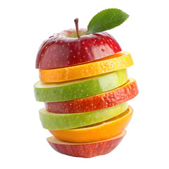 Stacked Fruit Slices Forming an Apple Shape with Red, Green, and Orange Layers, Isolated on White Background