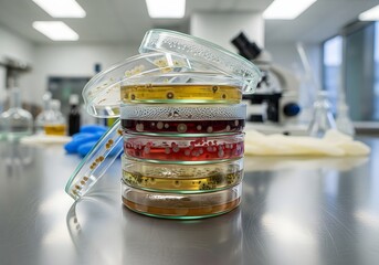 Stack of petri dish with bacterial colonies in a laboratory setting with microscope in the background
