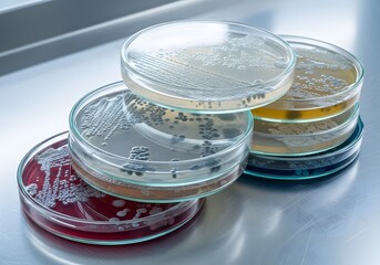 Stack of petri dishes with bacterial colonies on a stainless steel surface in a laboratory environment
