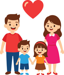 Happy cartoon family, parents and children holding hands, love heart above, smiling faces, unity, togetherness, colorful vector illustration, family concept