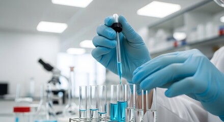 Scientist carefully adds blue liquid to test tubes in a laboratory setting for research and experimentation